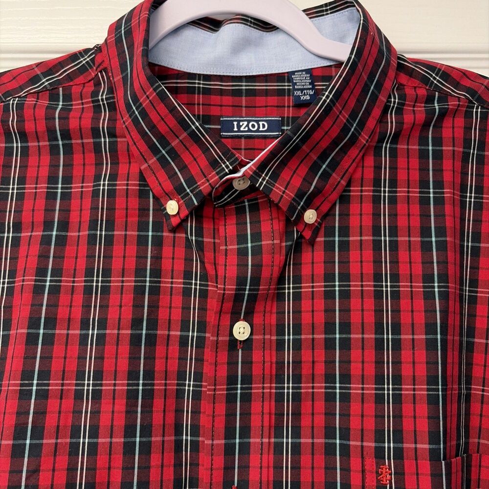 Izod Shirt Mens XXL Red Black Multi Plaid Cotton Long Sleeve Button Down
